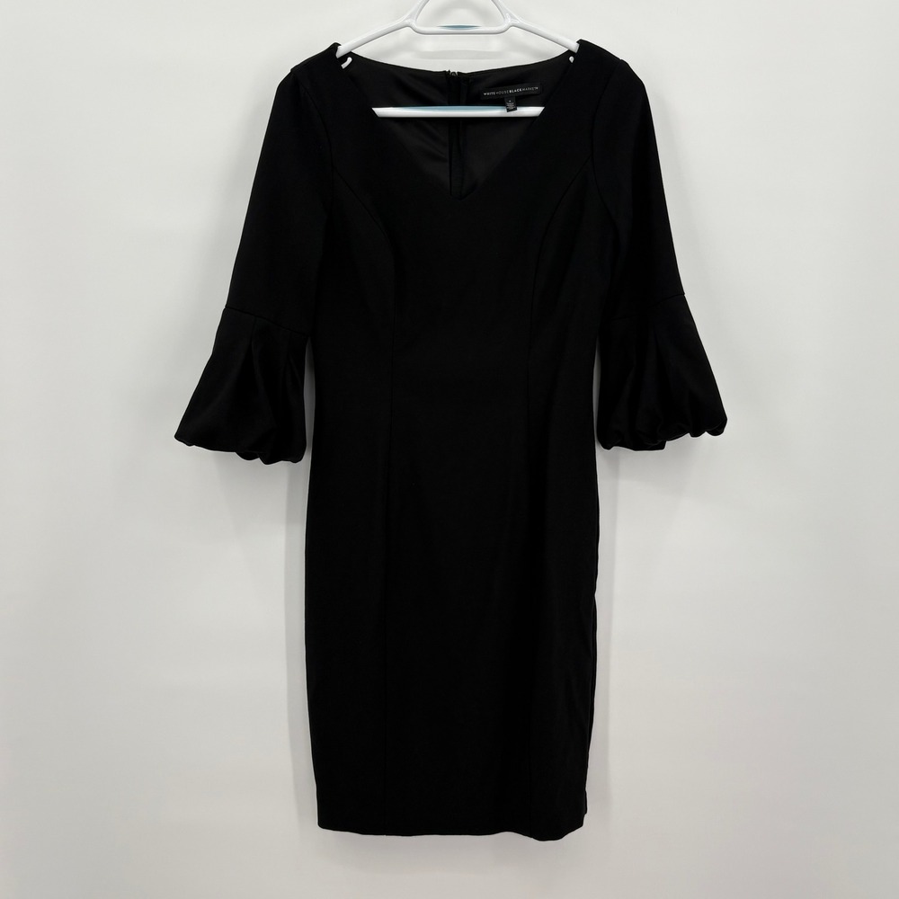 White House‎ Black Market Black V-Neck Bell Sleeve Sheath Dress Size 4